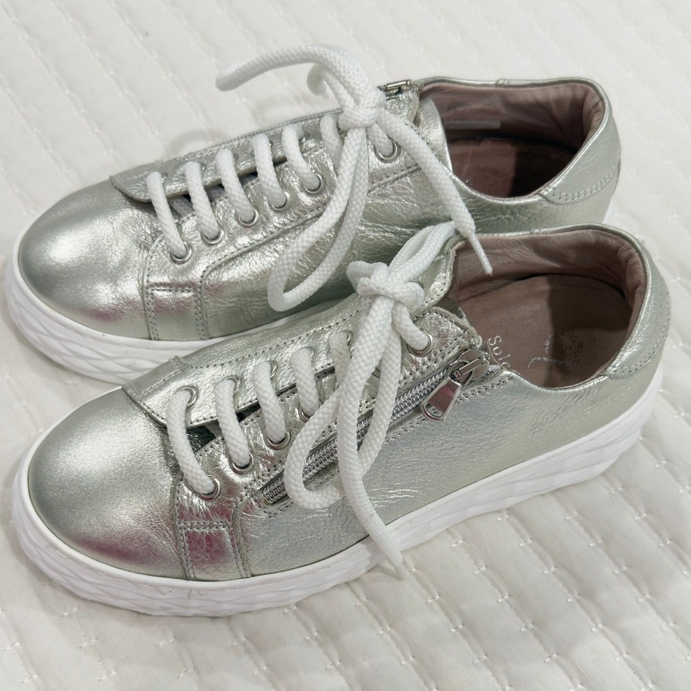 Sole Bliss Star Silver Metallic Leather Platform Zip Sneakers Womens 38 Italy
